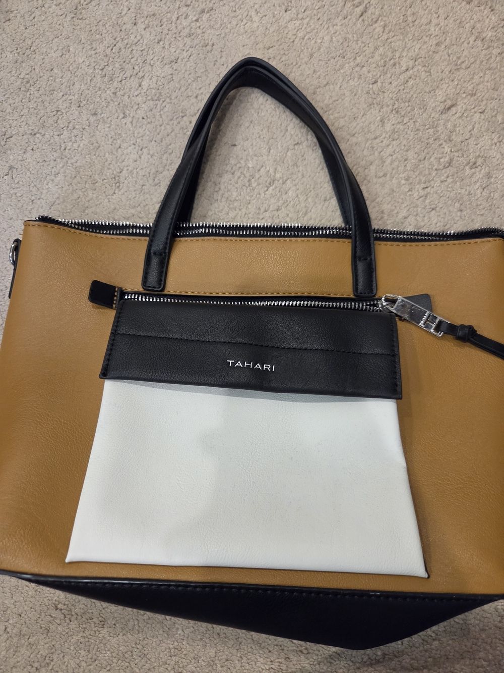 Tahari Tan, Black & White Colorblock Leather Tote